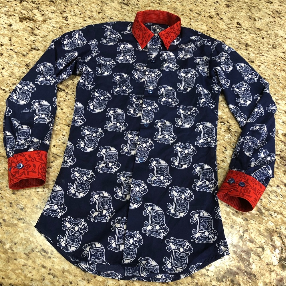 100% Silk Blue White Red Elephant Floral Detail Button Down Custom Dress Shirt